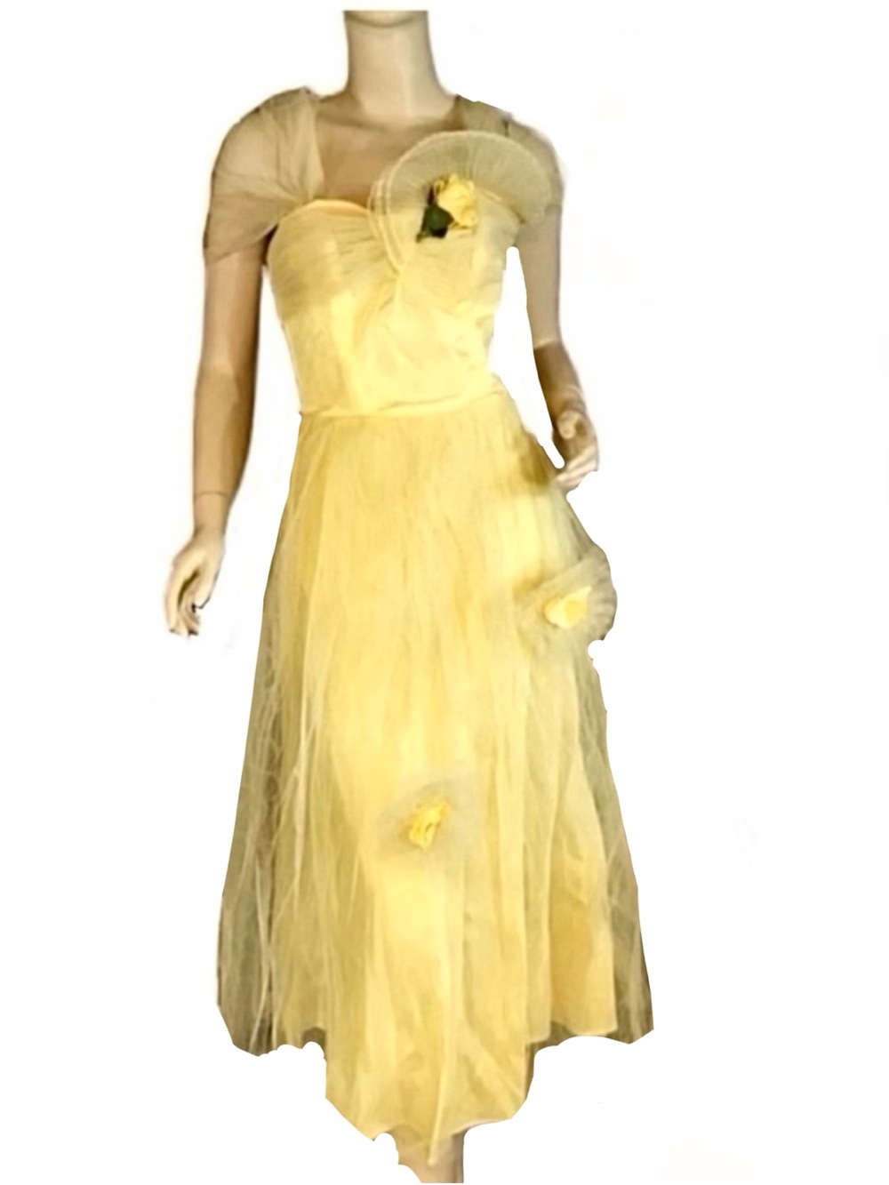 VINTAGE 1950'S YELLOW TULLE & TAFFETA FIT & FLARE PARTY DRESS (S)